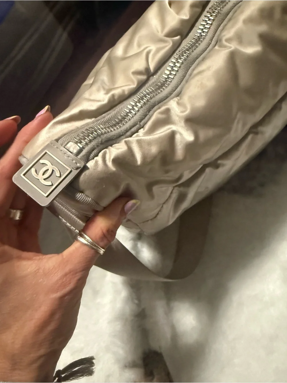 CHANEL Beige Quilted Nylon CC Logo Shoulder Bag